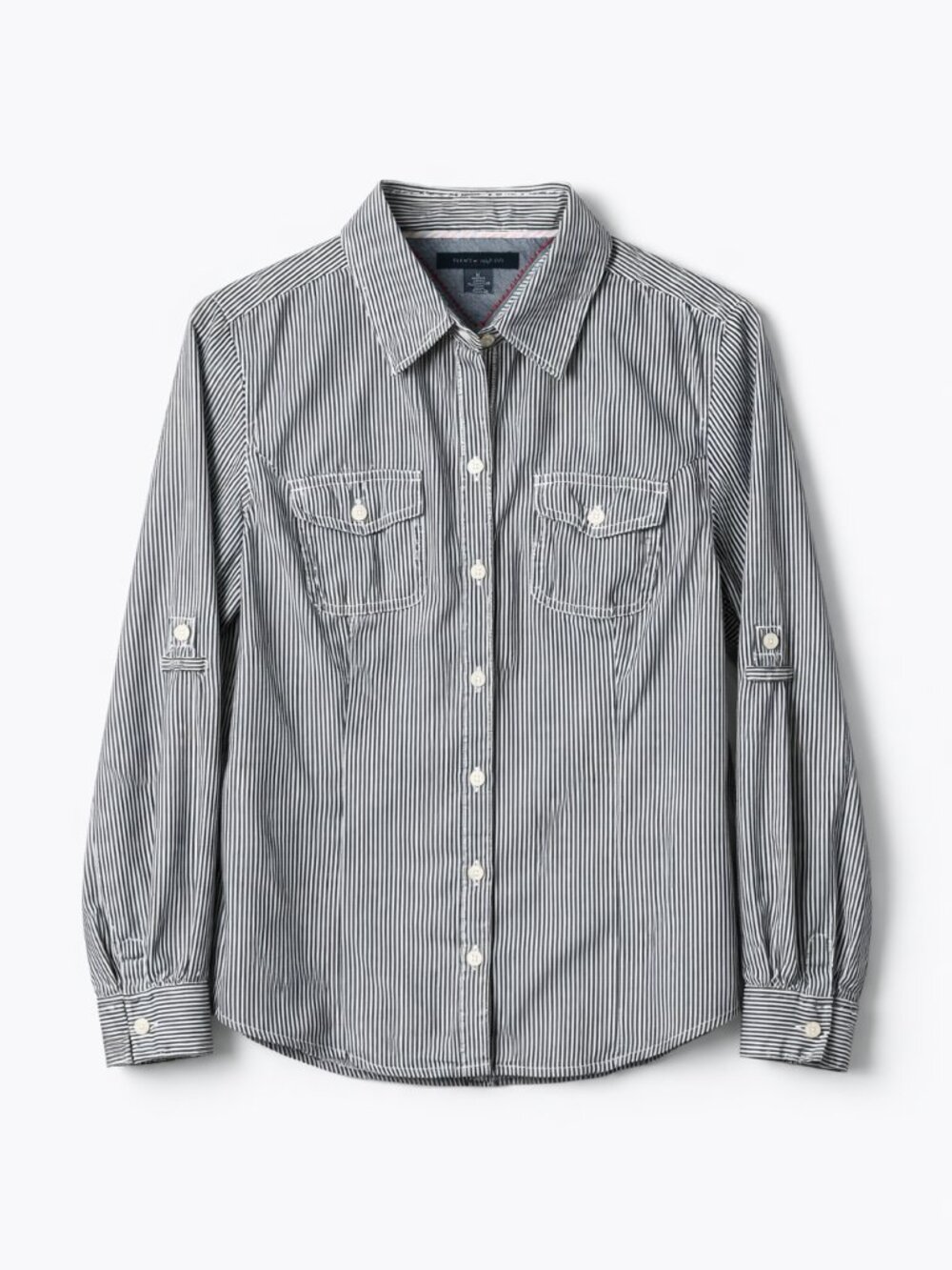 Tommy Hilfiger Women’s Gray & White Striped Button‑Down Shirt | Size M